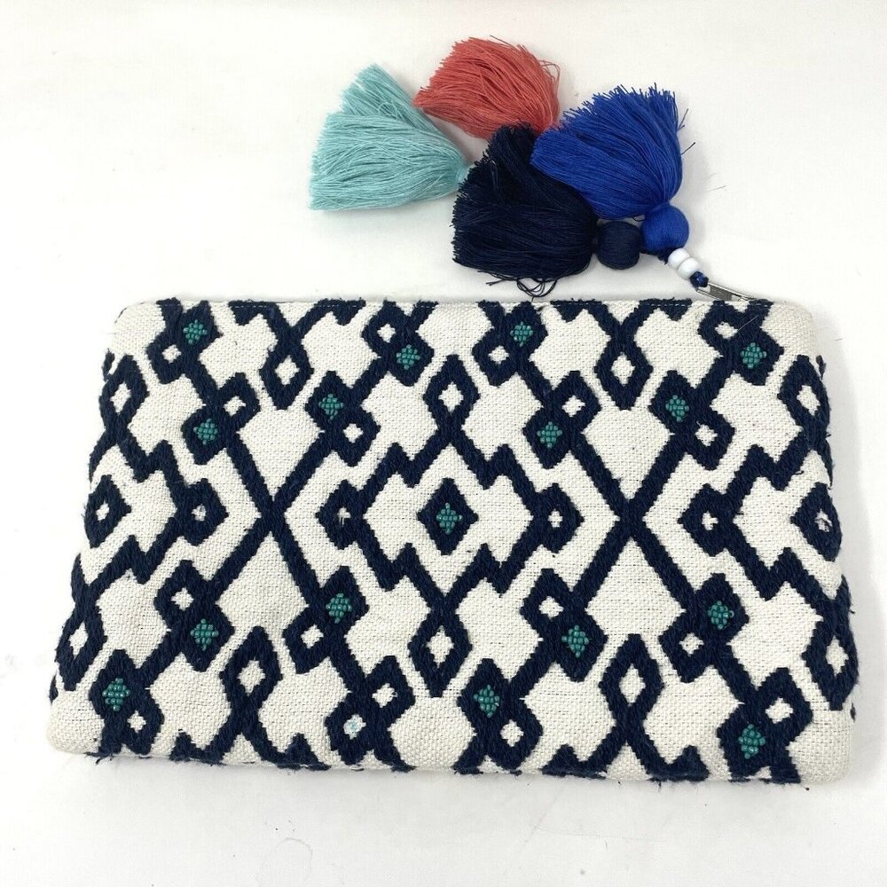 Roberta ROLLER RABBIT Textile Woven Diamond Pattern Fringe‎ Beaded Boho Clutch